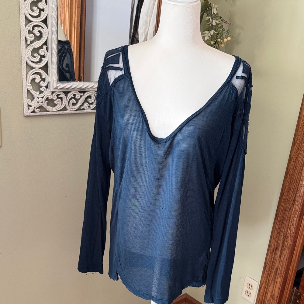 Free People Deep Blue Sheer Blouse
